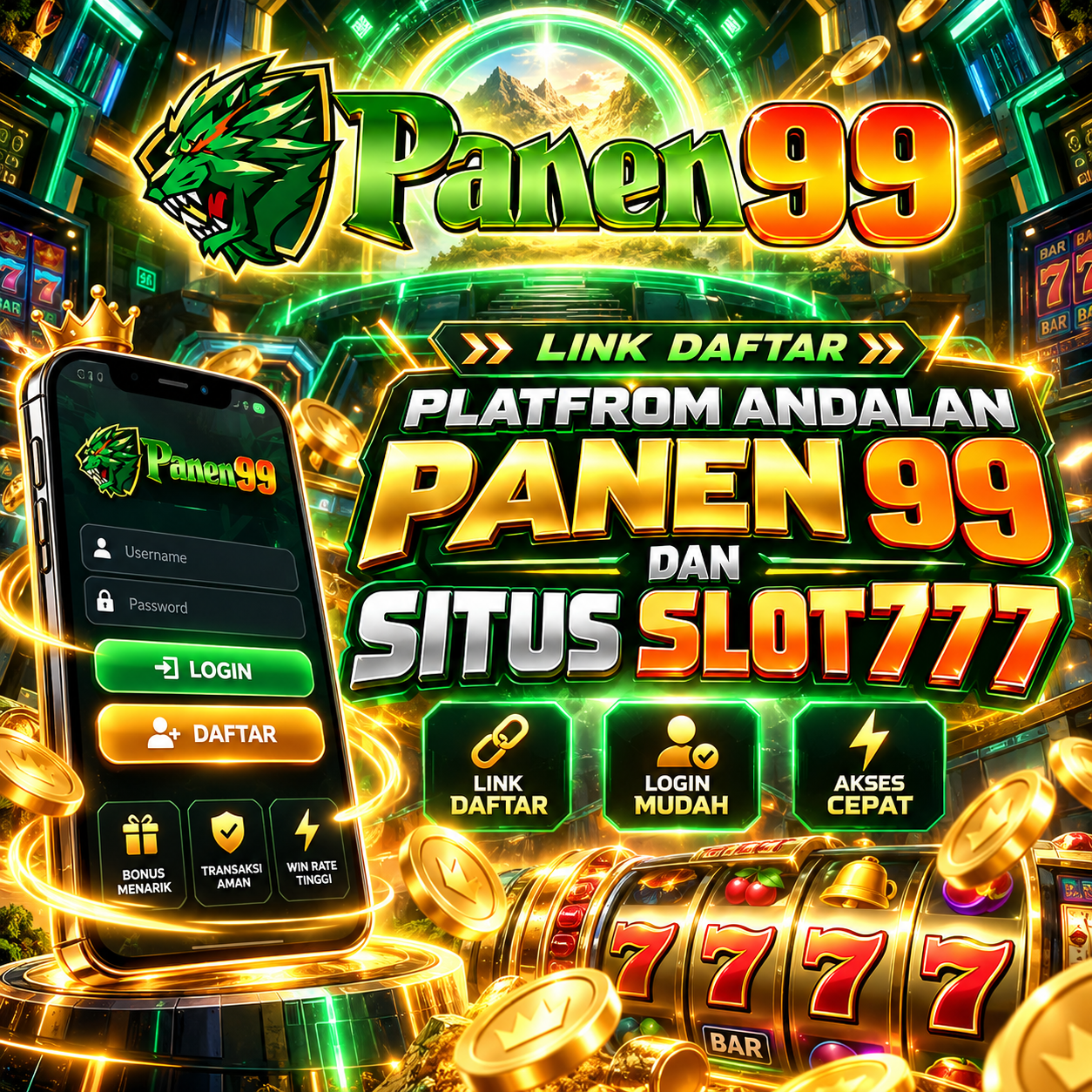 Banner PANEN99 tentang link daftar, login, dan Situs Slot777